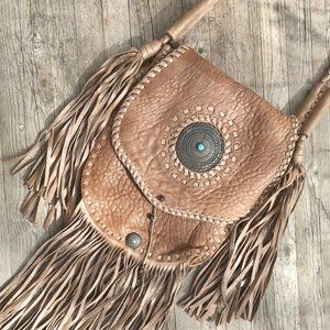 Real Tan Leather Fringe Boho Hippie Shoulder Bag